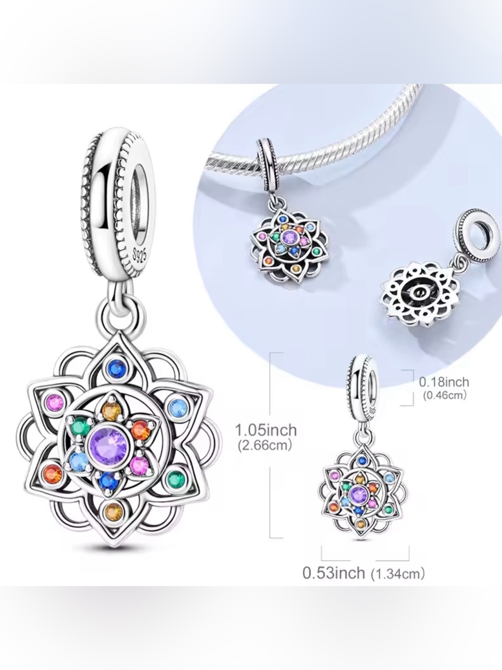 Pandora Sterling Silver Multicolor Floral Mandala Dangle Charm